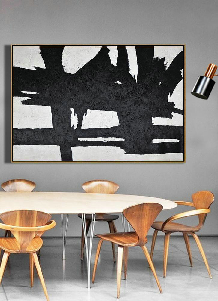 Modern Wall Art,Hand Painted Oversized Horizontal Minimal Art On Canvas, Black And White Minimalist Painting - Abstract Painting On Canvas
